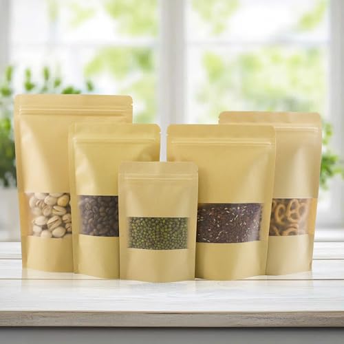 100 PCS Resealable Bags, Stand Up Kraft Paper Bags with Matte Window, Zipper Lock Food Storage Bags for Small Business and Home, 7.8x11.8 Inch Reusable Sealable Bags for Packaging - color: Yellow,7.87*11.81 inches
