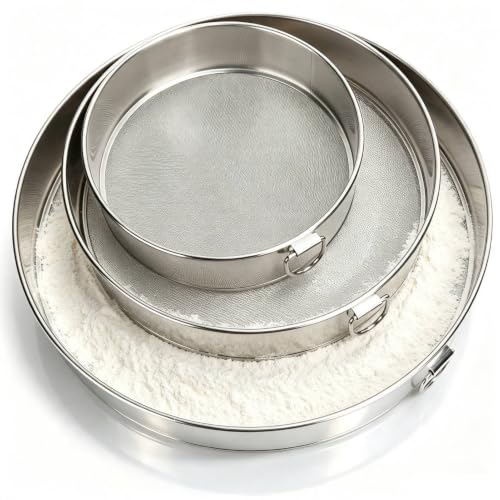 Flour Sifter, Stainless Steel Round Flour Sieve Strainer Drum Sieve 3 Pack Flour Sifter for Baking Fine Mesh Strainers for Bake Cakes