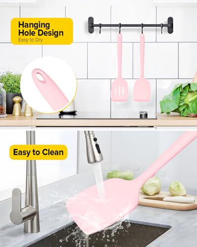 BUNDLEPRO Silicone Spatula, Solid & Slotted Turner, One-Piece, 2 Pack, Pink - color: Pink