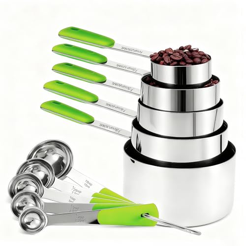 Bopei 10-Pcs Stainless Steel Measuring Cups & Spoons Set, Green Handles - color: Green