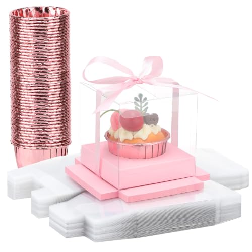 EUSOAR Cupcake Boxes with Cupcake Liners, 50pcs 3.5 Inch Clear Cupcakes Carrier and 50pcs 3.5oz Disposable Wrappers, Individual Cupcakes Dessert Pastry Containers for Wedding Party Favor Bakery - color: Pink/Rose Pink