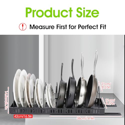 2 Pack Pull-Out Pots and Pans Organizer Under Cabinet, Slide-Out Pot Lid Holder with 8 Adjustable Dividers, No-Drill Adhesive Kitchen Cabinet Storage Rack (Black)