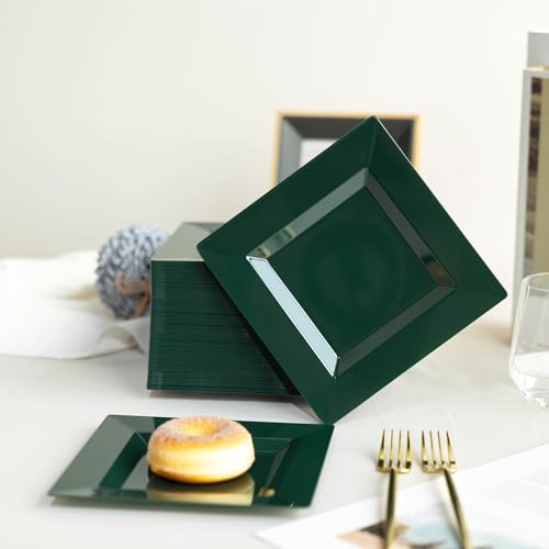 100 Pack Green Plastic Square Dessert Plates, 6.5" Disposable Salad Plates - color: Green
