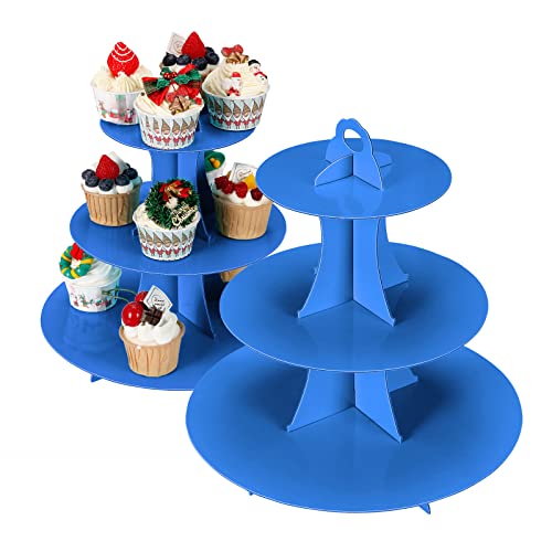 YLDW Cupcake Stand, 3-Tier Cupcake Stand Display, Cardboard Cup Cake Tower Stand, Disposable Dessert Stand for Birthday Tea Party Baby Shower Treat Decorations, Blue - color: Blue
