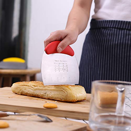 1 pcs Dough Pastry Scraper Chopper/Stainless Steel Dough Scraper Cutter with Ergonomic Rubber Non-Slip Grip/Dough Scraper Cutter/Pro Pastry Pizza Cutter Chopper (Red) - color: Red