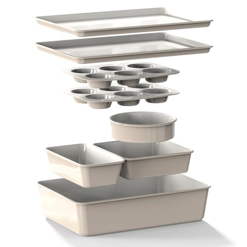 Larder & Vine 8-Piece Stackable Bakeware Set, Ceramic-Coated Nonstick Baking Pan Set, Non-Toxic, with Baking Sheets, Muffin Pan, Loaf Pan & Cake Pans, French Gray - color: French Gray