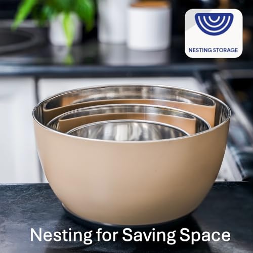 WHYSKO Stainless Steel Mixing Bowls Set, 3-Piece with Silicone Base - color: Tan