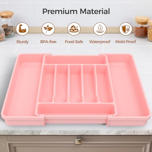 ukeetap Extra Large Expandable Silverware Organizer, Flatware Tray, Pink - color: Pink
