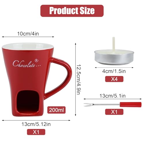 Sweet Fondue Cup Set, Chocolate Fondue Mug with 1 Fork and 4 Candles, Personal Ceramic Chocolate Melting Cup, Chocolate Fondue Cup, Ideal Gifts for Date Night, Birthday, Wedding (Red) - color: Red