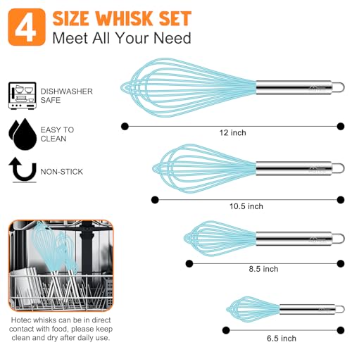 HOTEC 4Pcs Silicone Whisk Set, Wire Balloon Whisks for Cooking Egg Beater - color: Blue,Silver