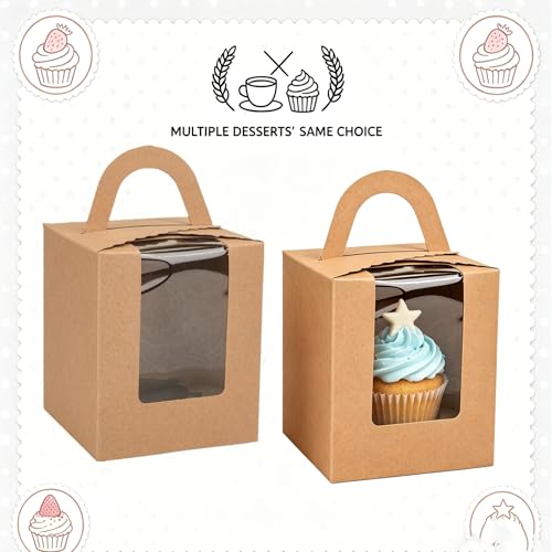 120 Pack Single Cupcake Box, Kraft Paper Individual Cupcake Container with Window Inserts, Brown Cupcake Packaging Box with Handles for Muffin, Cocoa Bomb, Party Favor Pastry Treat Boxes