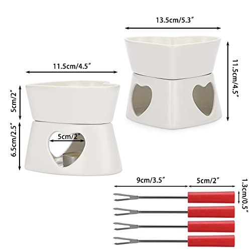 BSTKEY White Ceramic Butter Warmer Set, Heart Shaped Fondue Pot Melting Pot Set, Melt Hot Pot Bowl Set for Cheese Chocolate Butter Caramel, with 4 Forks - color: White
