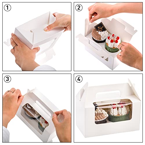 60 Pack 2 Count White Paper Cupcake Boxes with Insert, Handle and Window, Portable Cupcake Muffin Containers, Gable Bakery Gift Boxes Party Favor Treat Boxes for Wedding Birthday