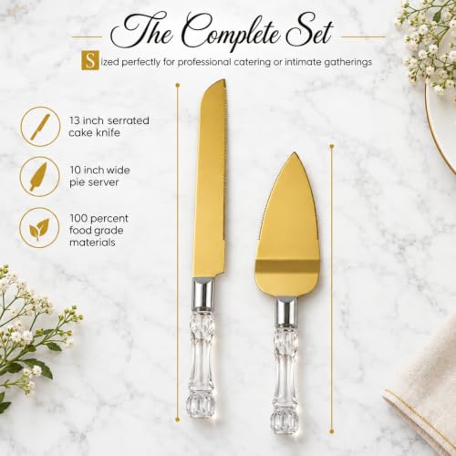 Gold Cake Knife and Server Set – Stainless Steel Wedding Cake Cutting Set with Crystal Handle, Cake Cutter & Pie Spatula for Wedding, Birthday, Anniversary, Party - color: Gold