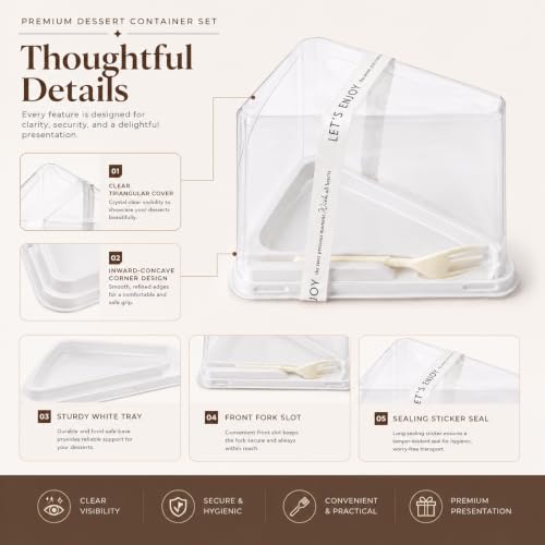 50 Pieces Cake Slice Plastic Containers with Disposable plastic fork and Stickers,5.7 Inches Hinged Lid Cheese cake Container,Cupcake containers,individual cupcake containers, Bakery and Cafe