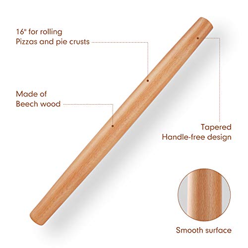 Wood Rolling Pin, QUELLANCE Wood French Roller Pin with Silicone Baking Mat, Beech Wood Dough Roller for Baking Dough, Pizza, Pie, Pastries, Pasta and Cookies - size: M-16 inch