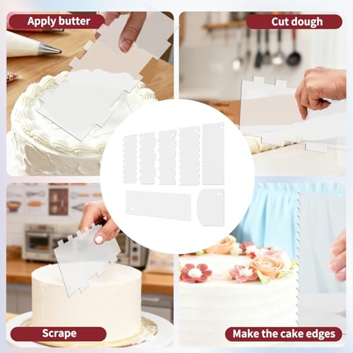 7 Pcs Clear Cake Scraper Set Acrylic Cake Scraper Smoother Cake Stripes Edge Contour Comb Clear Acrylic Cake Decorating Supplies for Mousse Butter Cream Frosting - size: 7 Pcs