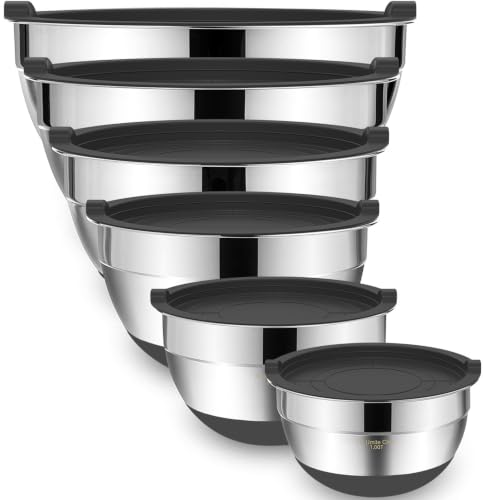 Umite Chef Mixing Bowls with Airtight Lids，6 piece Stainless Steel Metal Nesting Storage Bowls, Non-Slip Bottoms Size 7, 3.5, 2.5, 2.0,1.5, 1QT, Great for Mixing & Serving(Grey) - color: Gray