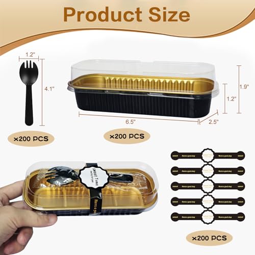 Mini Cake Pans with Lids and Spoons 200 Pack, Mini Loaf Pans with lids 6.8oz, Small Disposable Aluminum Foil Loaf Pans, Rectangular Baking Container for Party, Picnics and Birthday (Black) - color: Black