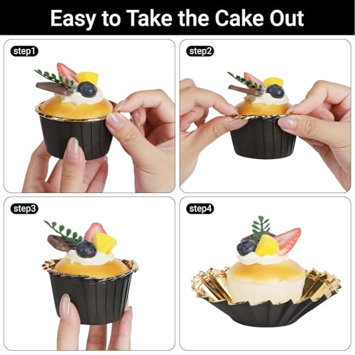 EUSOAR Foil Cupcake Liners, 3.5oz 50pcs Black Gold Disposable Mini Muffin Liners, Individual Aluminum Dessert Pudding Ramekin Cupcake Baking Cups Containers Tin for Wedding Birthday Bakery Party - color: Black/Gold, size: 50pcs