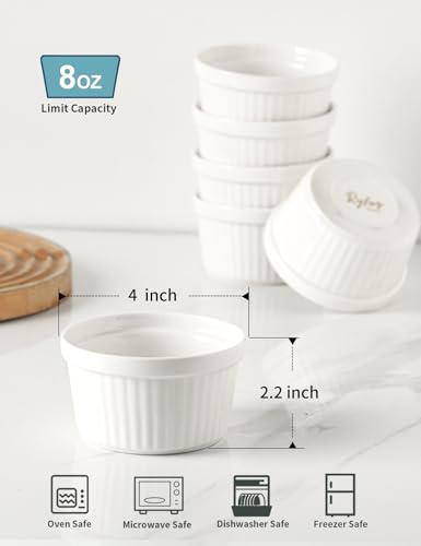 8 oz Ramekins Oven Safe Set of 6, Souffle Dish Baking Bowls, Custard Dessert Cups for Pudding Yogurt Ice Cream, Ceramic Ramiken Bowl, White - color: White