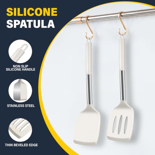 2 Pack Silicone Spatula Set, Solid & Slotted Turner for Non-Stick Pans - color: Beige