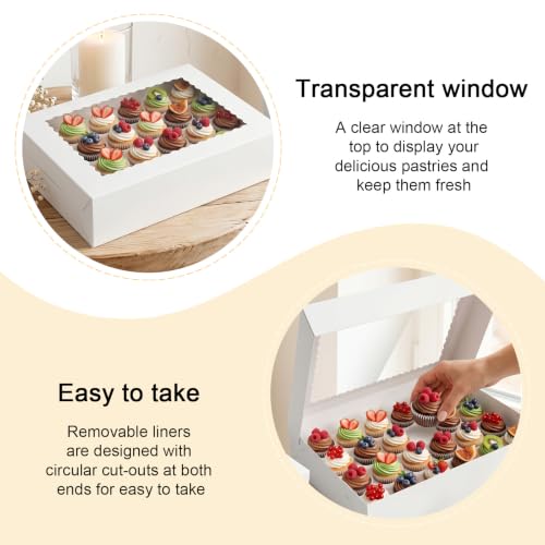 10 Pack Mini Cupcake Box with Window, Cupcake Boxes 24 Count, 15x11x4.6 Inch White Bakery Boxes for 24 Mini Cupcakes, Disposable Cupcakes Containers for Birthday Party Desserts