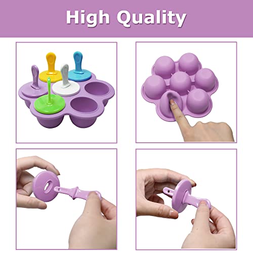 Silicone Popsicle Molds 7-cavity DIY Ice Pop Mold with Colorful Sticks For egg biting ice cream molds storage containers non stick cake molds (Purple) - color: Purple