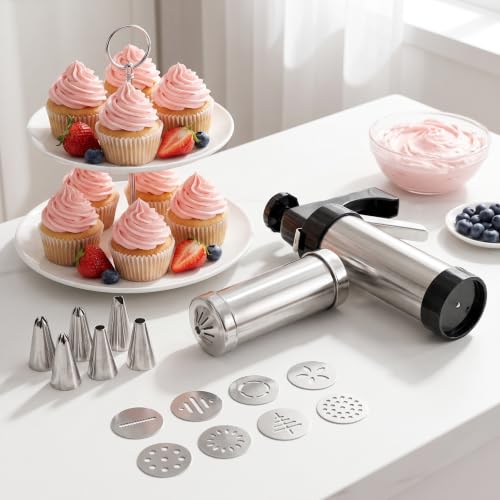 22-Piece Stainless Steel Cookie Press Set, 13 Discs & 8 Piping Tips - color: Black