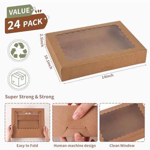 24pcs Bakery Boxes with Window, 14x10x2.5 Inch cookie Boxes, Brown - color: Brown, size: 14*10*2.5inch/24pcs