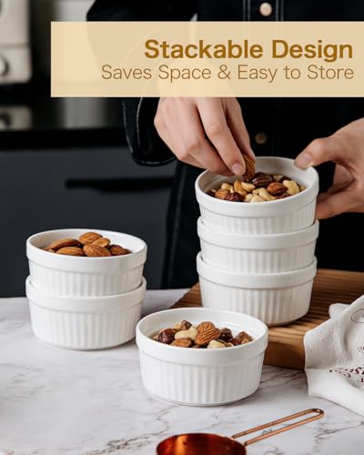 7 oz Ramekins Set of 6, Oven Safe Porcelain Ramekin Bowls for Creme Brulee, Souffle & Custard, Dessert Cups & Dipping Sauce Dishes, Stackable, Soft White - size: 7 oz