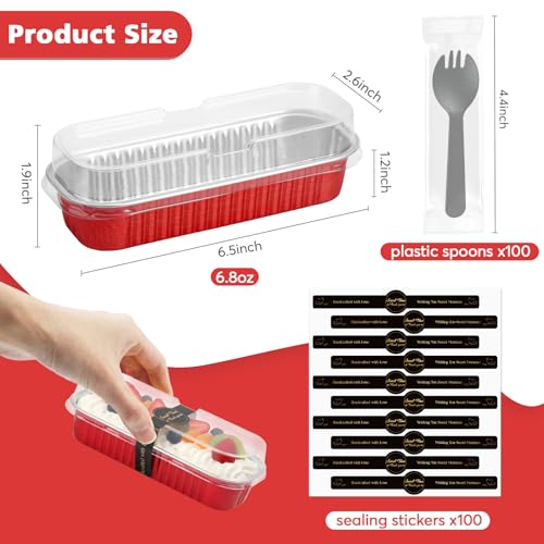 100 Pack Mini Loaf Pans with Lids and Spoons,6.8oz Red Small Foil Loaf Pans - color: Red