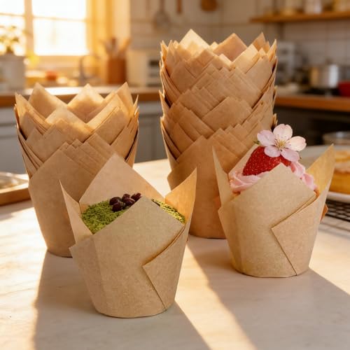 250Pcs Tulip Cupcake Liners,Parchment Paper Cupcake Liners in Standard Size - color: Natural
