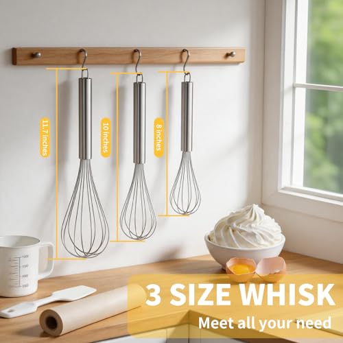 OOKUU Stainless Steel Wire Whisk Set - 3 Packs Balloon Whisk, Thick Wire Wisk ＆ Strong Handles, Egg Frother for Cooking, Blending, Whisking, Beating and Stirring (8"+10"+12")