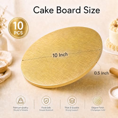 Cake Boards 10 & 12 inch Round, 10 Pack Gold Cake Drum 1/2" Thick Sturdy Corrugated Cardboard Round Cake Base for Birthday, Wedding, Dessert Decorating, Oil-Resistant - size: 10 Inch