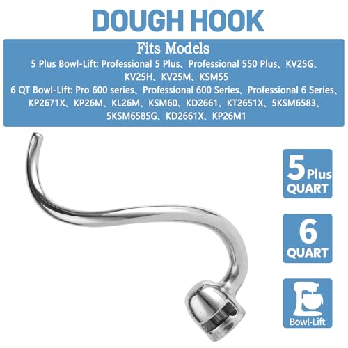 Stainless Steel Spiral Dough Hook for KitchenAid 5 Plus-6QT Mixer - size: Dough Hook