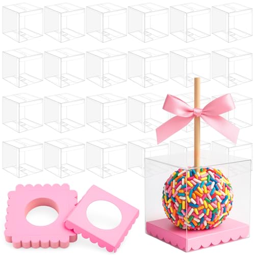 Weysat 100 Pcs Candy Apple Boxes, Pink Base Clear PET with Hole Top - color: Pink