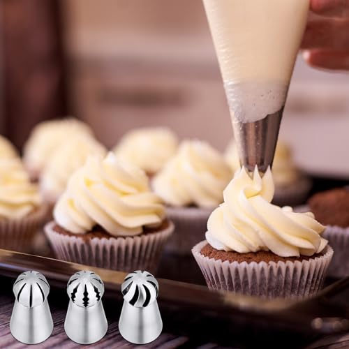 3Pcs/set Ball Russian Piping Tips,Stainless Steel Russian Piping Tips with 10Pcs Disposable Piping Bags,Cake Icing Nozzles Flower Cake Decorating Tips Kit For Baking