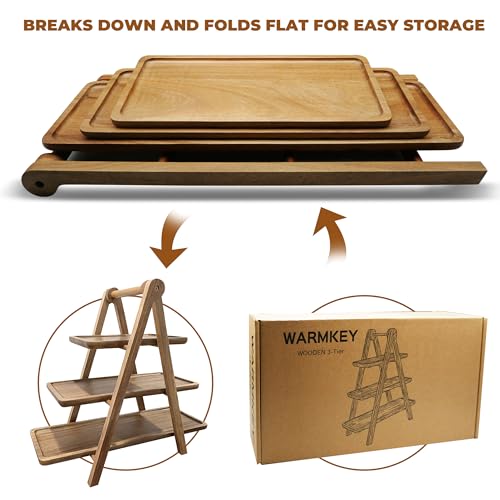 Acacia Wood 3 Tier Foldable Serving Tray, Farmhouse Tiered Display Stand for Charcuterie, Cheese, Desserts & Snacks, Wooden Organizer for Kitchen Counter, Coffee Bar and Party Entertaining