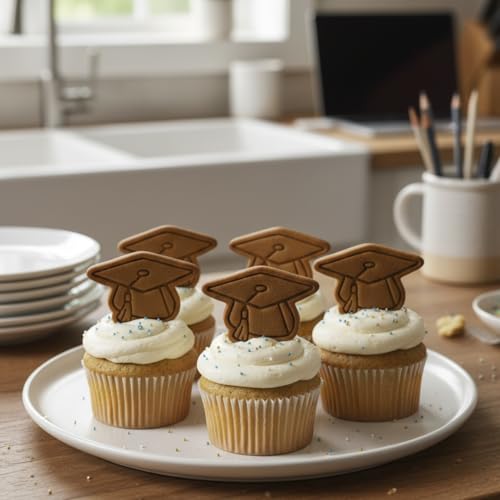 BAKERLOGY Graduation Hat Mini Cookie Cutter and Stamp Set – Cap Fondant Embosser, Graduation Party Cupcake Topper Mold for School, College & University Celebration Baking