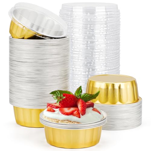 Beasea Disposable Ramekins with Lids, 8oz 100 Pack Golden Aluminum Foil Cups Disposable Creme Brulee Muffin Cupcake Baking Cup Mini Pudding Cups for Party Wedding Birthday - color: Golden, size: 8oz 100pcs