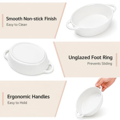 Foraineam 6-Pack Oval Porcelain Ramekins, 10 Ounce Ceramic Creme Brulee Souffle Baking Ramekin Dishes Bowl with Double Handles, Dishwasher and Oven Safe