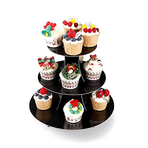 YLDW Cupcake Stand, 3-Tier Cupcake Stand Display, Cardboard Cup Cake Tower Stand, Disposable Dessert Stand for Birthday Tea Party Baby Shower Treat Decorations, Black - color: Black