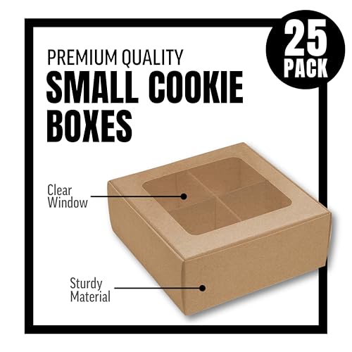 25 pcs Kraft Mini Cookie Boxes for 4 treats with Window and Dividers, Kraft Bakery Boxes, 6 x 6 x 2.4 Inches SMALL Baking Boxes, Square Cookies Box Decorating Supplies for Gift Giving - color: Kraft