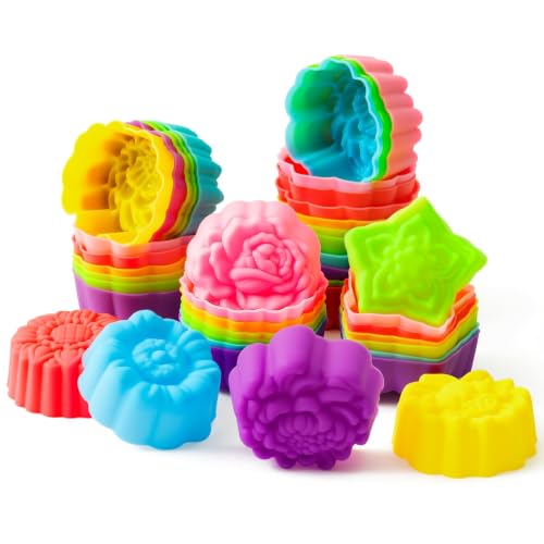 R HORSE 42 Pack Silicone Molds Cupcake 2 Inch Mini Size Multi Flower-Shaped Baking Cups Non-Stick Donut Wrapper Mold Muffin Liners Washable for Desserts Ice Creams Puddings Donut Supply Party - color: Lotu