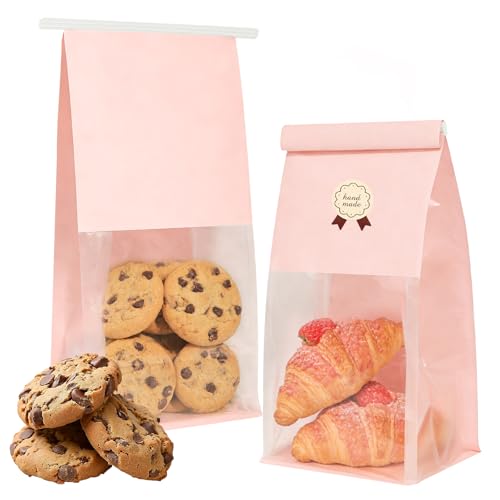 100 Pack Pink Bakery Bags with Window, 5.1x3.9x11 Inches Paper Bread Bags - size: Medium