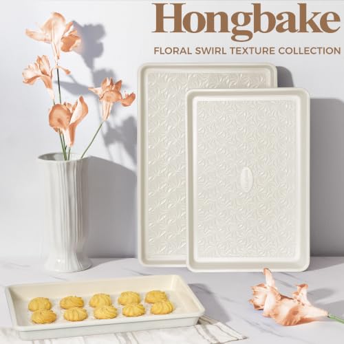 HONGBAKE Ceramic Coated Baking Sheet Pan Set of 3 with Floral Texture - color: Ceramic Cream