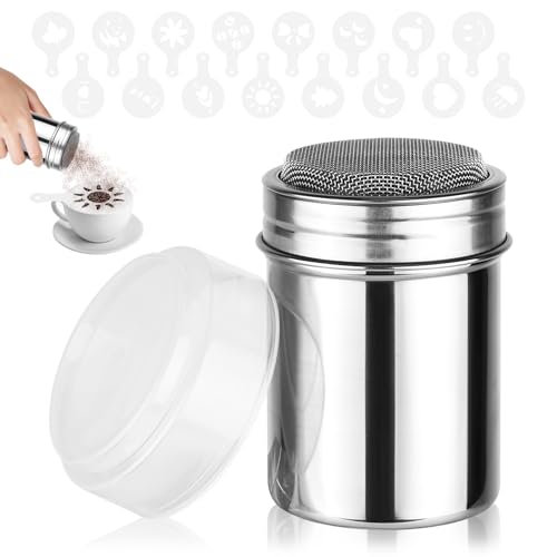 Powdered Sugar Shaker Duster,Cinnamon Shaker Flour Sifter,7oz 304 Stainless Steel Fine Mesh Shakers With Lid,16 Pieces Coffee Stencils Latte Art for Baking Soda Cocoa Cornstarch Cinnamon Coffee Flour