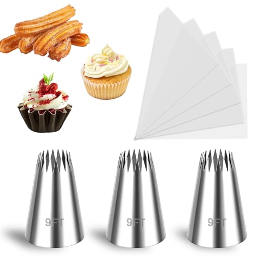 Stainless Steel 9FT Large Piping Tips, 3Pcs Piping Bags And Tips Set, Churro Piping Tip, Open Star Pastry Tips for Cake Decorating with 20Pcs Disposable Piping Bags