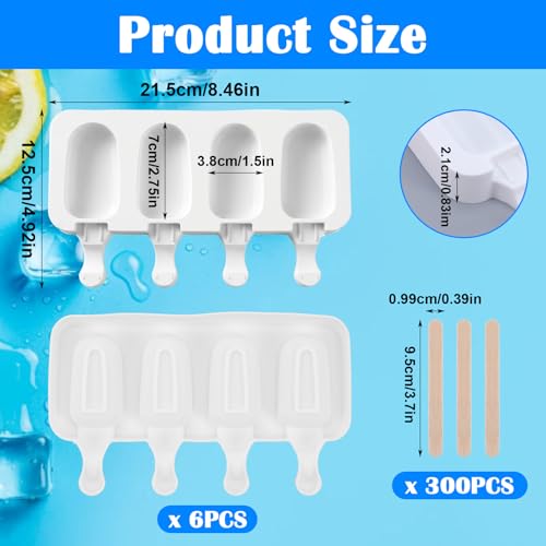 6 Set Cake Pop Mold Kit,4 Cavity White Cakesicle Molds Silicone,Oval Ice Cream Mold Cake Pop Maker Supplies Accessories with 300 Pieces Wooden Sticks for DIY Ice Cream Cakes